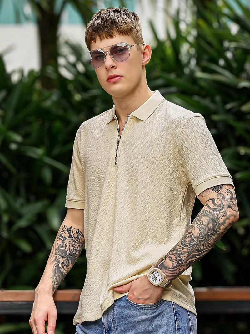 Maniac  Maniac Mens puff printed round neck half sleeve cream and dark grey cotton tshirt for Men | Best Price UAE